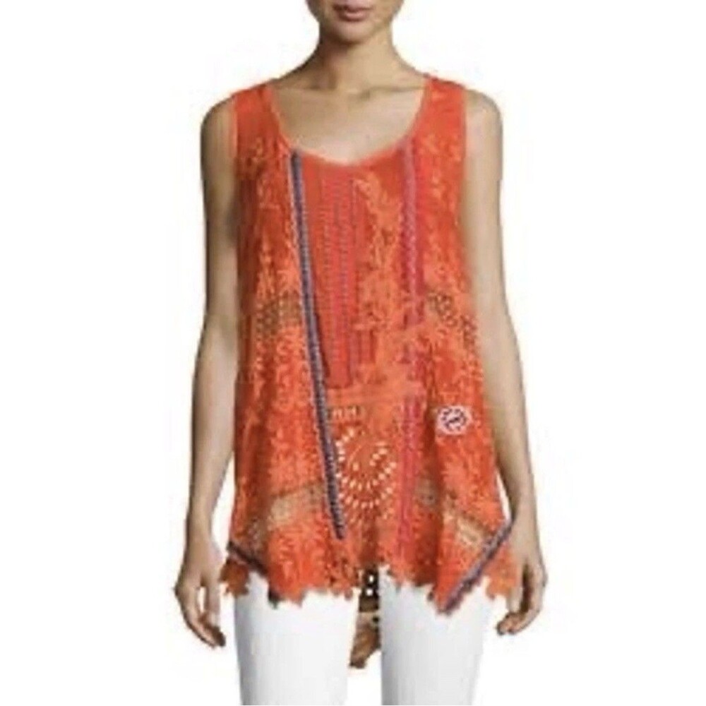 Johnny Was  Orange Floral Embroidered Sleeveless Summer Spring Top Sz XXL